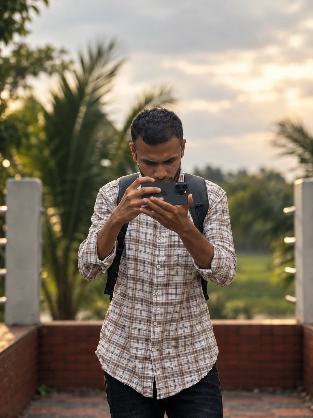 Fahmid Hasan framing a shot on his phone at golden hour